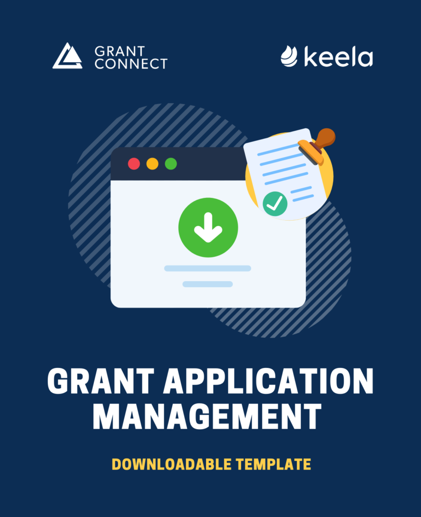 Computer download icon on a dark blue background for Keela's Grant Application Management Template