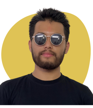 this is a photo of a man in sunglasses on a circular yellow background