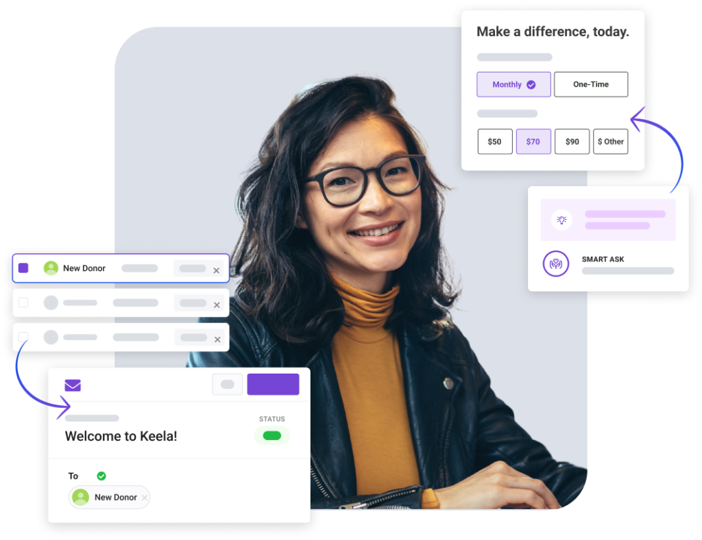 A woman smiling alongside snapshots of Keela's interface including a form, contact insights, and an email.