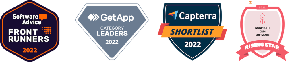 2022 badges for Software Advice Front Runners, GetApp Category Leaders, Capterra Shortlist and Featured Customers Nonprofit CRM Rising Star