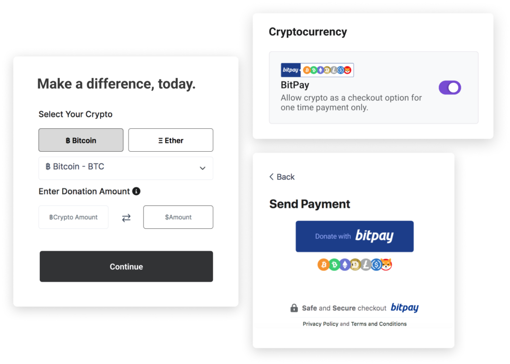 Snapshots of the Keela inteface showing a crypto form using BitPay as the payment processor