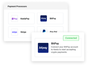 A snapshot of the Keela inteface showing a list of payment processors including BitPay