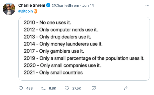 Charlie Shrem's tweet about bitcoin