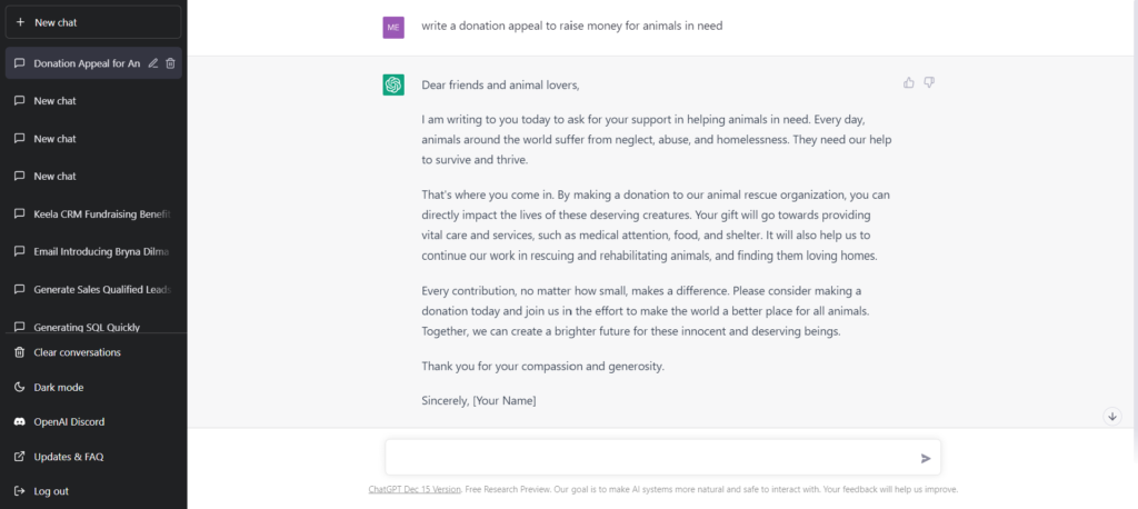 A ChatGPT webpage with a white background and black menu bar on the side. It contains a same donation appeal about donating to an animal rescue