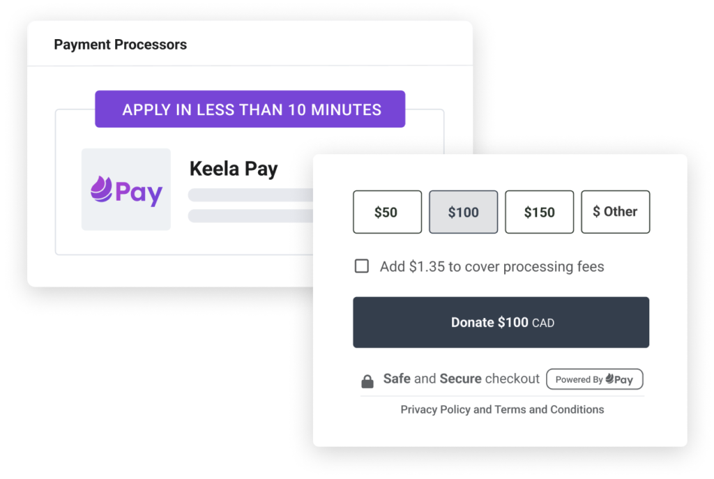 A form with an option to cover processing fees and a Keela Pay integration
