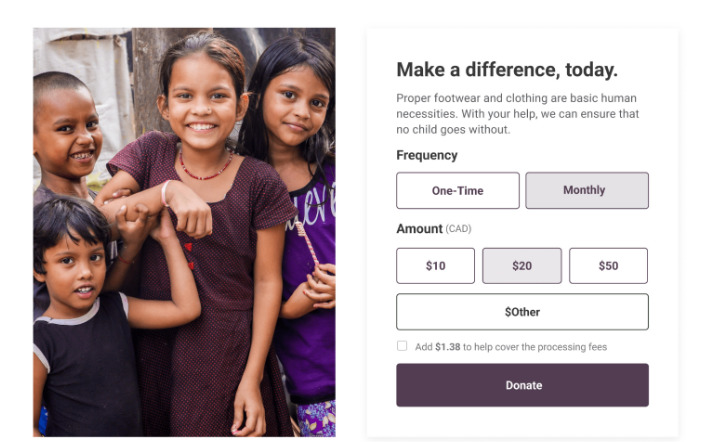 A photo of a sample donation page that features 4 small children that will benefit from the donations. The page includes donation options and amount suggestions.