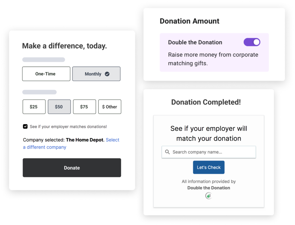 Snapshots of the Keela inteface showing a form with the Double the Donation option toggled on