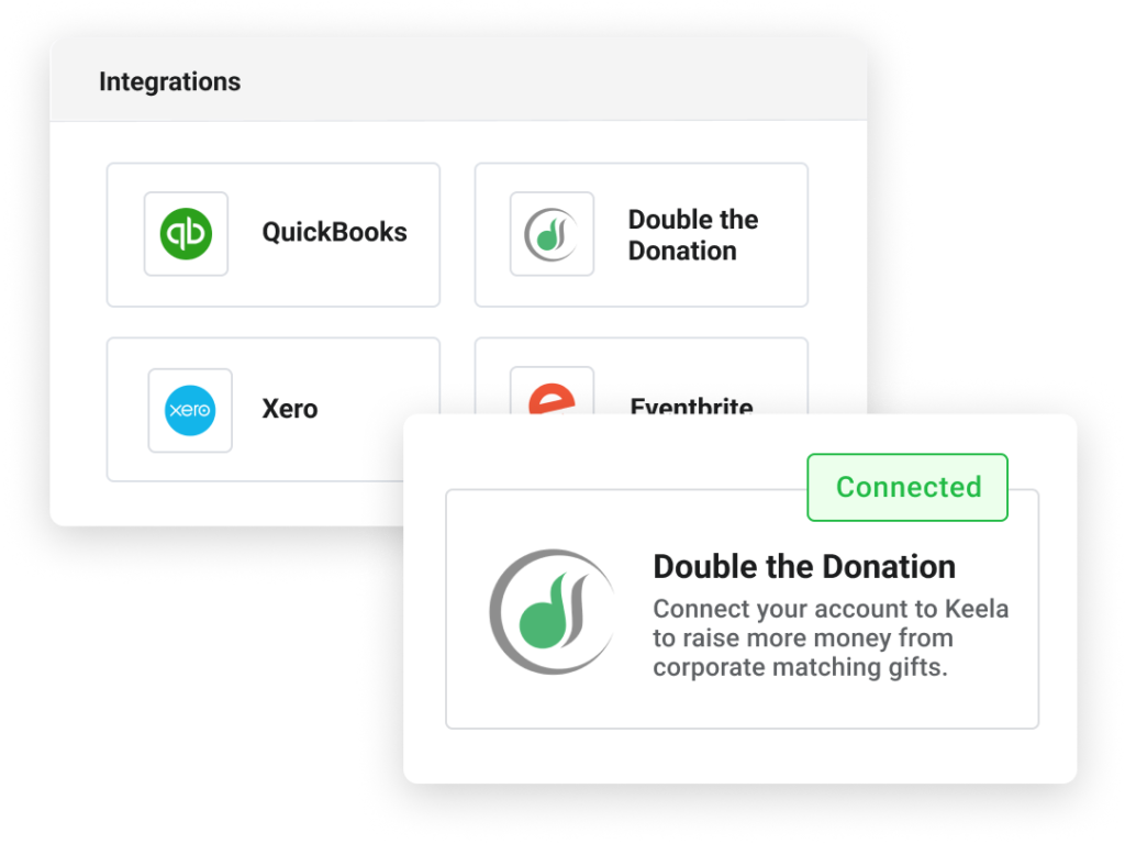 A snapshot of the Keela inteface showing a list of integrations including Double the Donation
