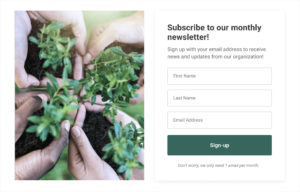 A sample subscription form for signing up to a monthly newsletter with an image on one side and sign up information on the other