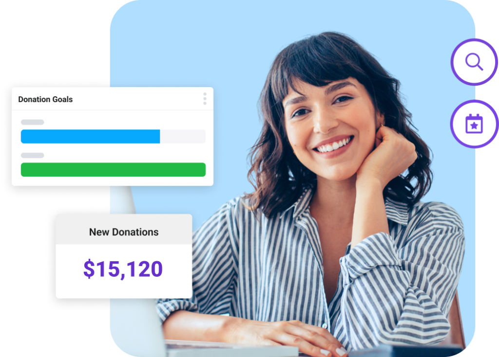 A woman smiling alongside snapshots of Keela's fundraising interface showing a donation goals graph and new donations amount.
