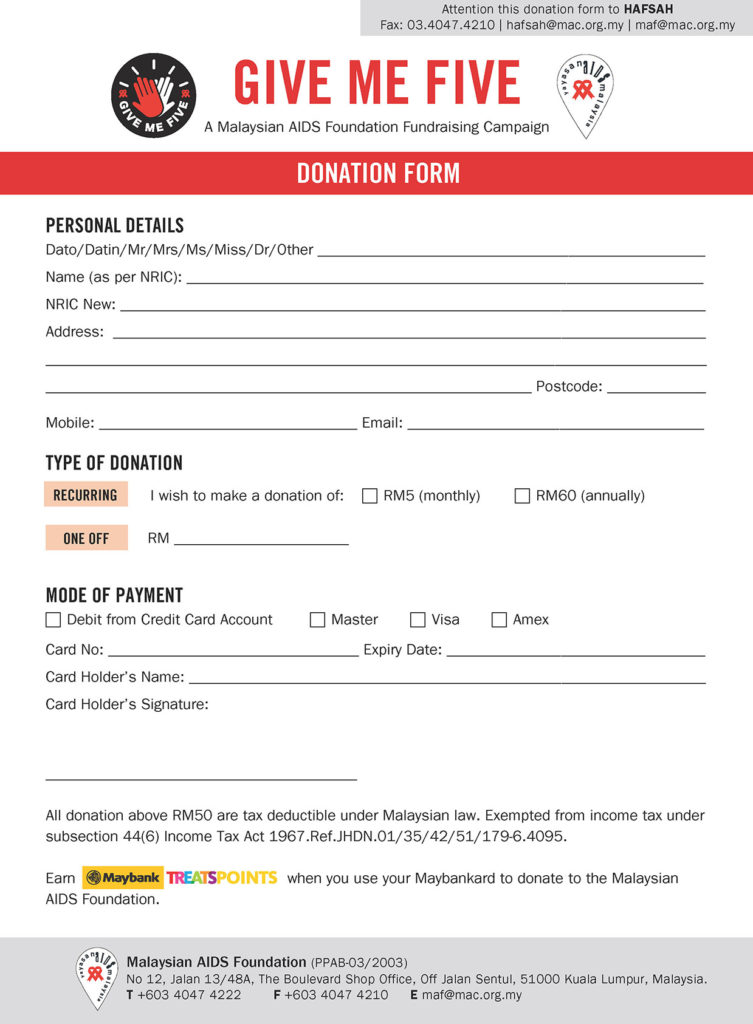 Sign up form from the Malaysian Aids Foundation.