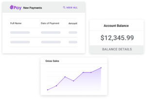 Sections of the Keela Pay interface including new payments, account balance, and gross sales