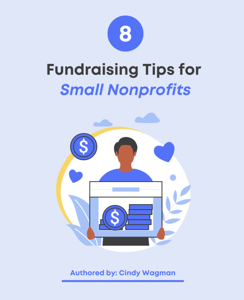 this is a blue cover of a guide for small shop fundraising tips