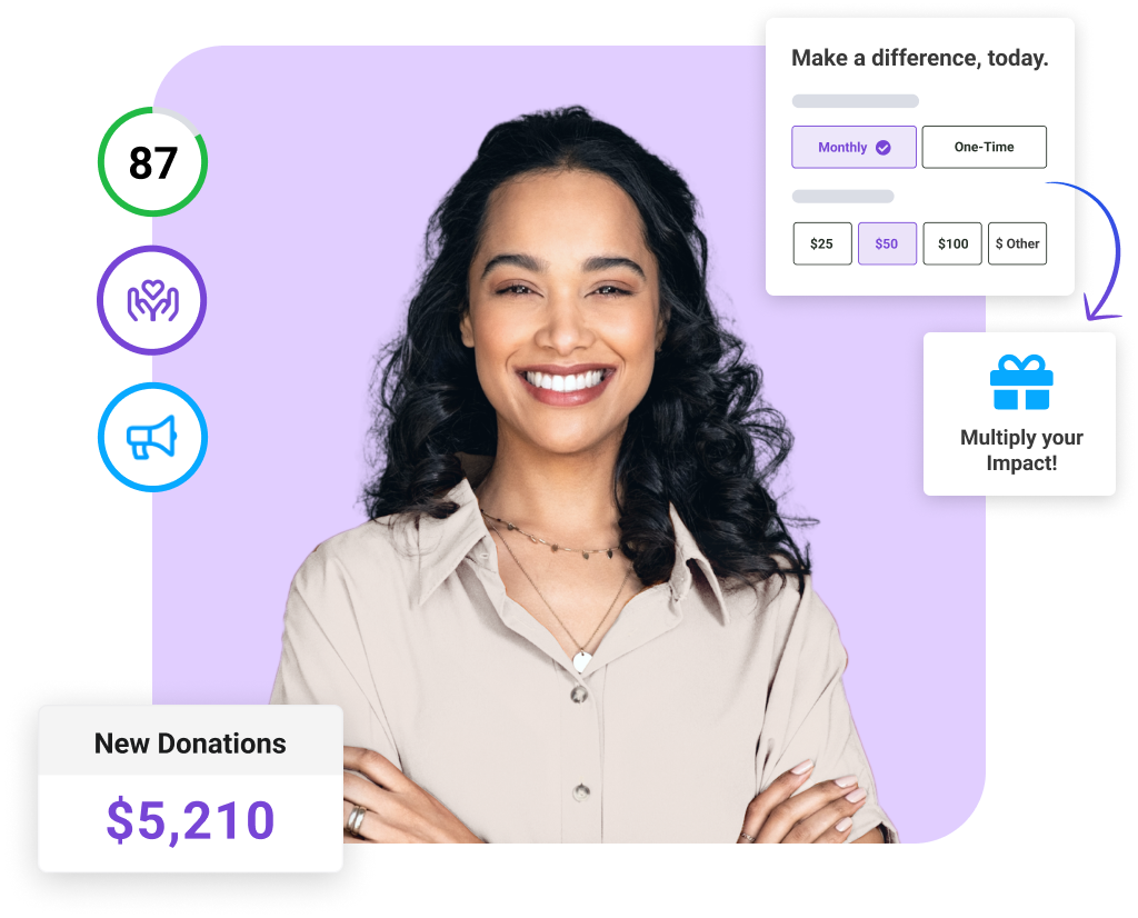 A smiling woman alongside snapshots of of Keela's interface showing a form, multiplying impact, and new donations.