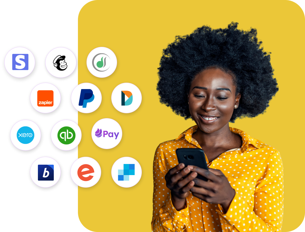 A woman smiling alongside logos of apps that integrate with Keela such as Zapier, Mailchimp, and Eventbrite.