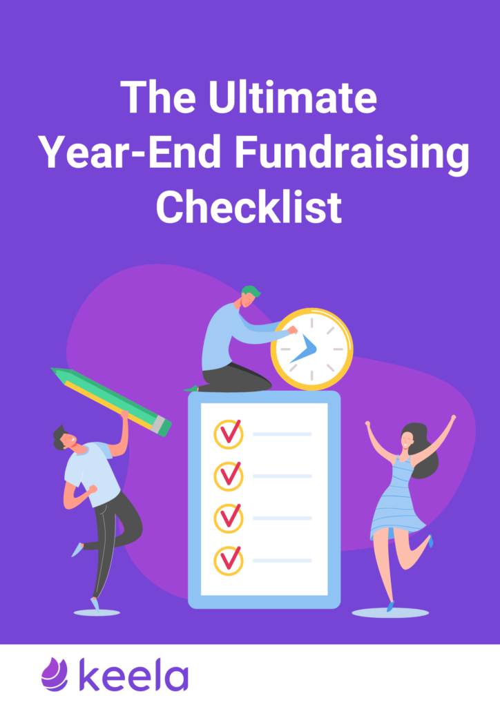Year-End Fundraising Checklist cover page showing people planning a charitable giving campaign