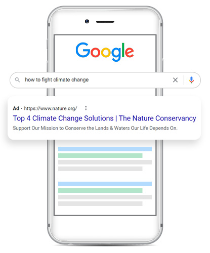 A snapshot of a Google Ads about Climate Change Solutions