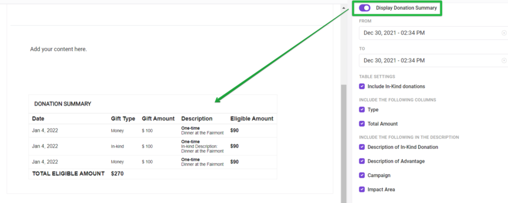A snapshot of Keela's Direct Mail Marketing Tool showing how users share donation summaries with recipients