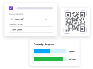 Segments of Keela Forms features including campaign progress bars, a QR code, and an option to dedicate a donation to someone