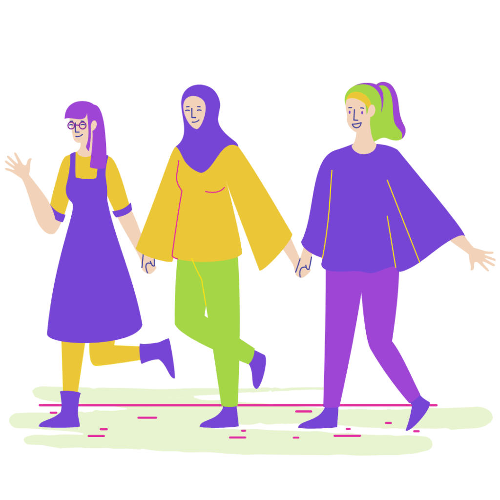 An illustration of 3 people joining hands