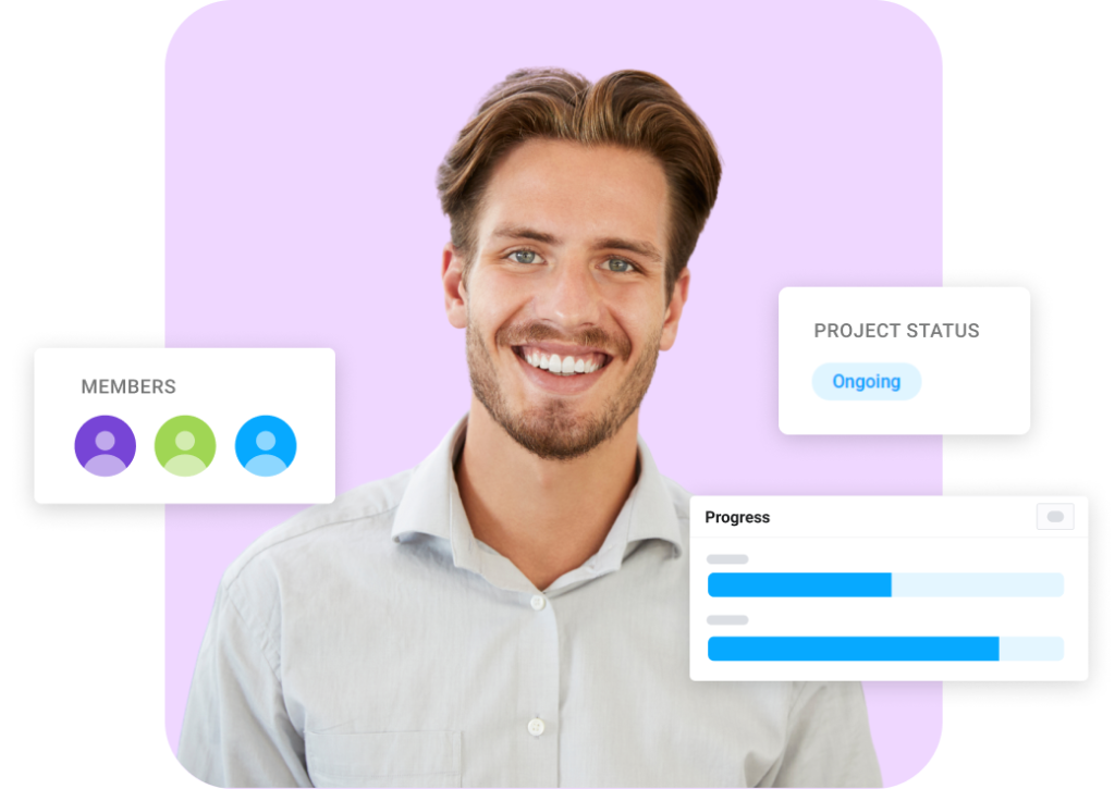 A man smiling alongside snapshots of of Keela's project interface including project status, progress bars, and project members.