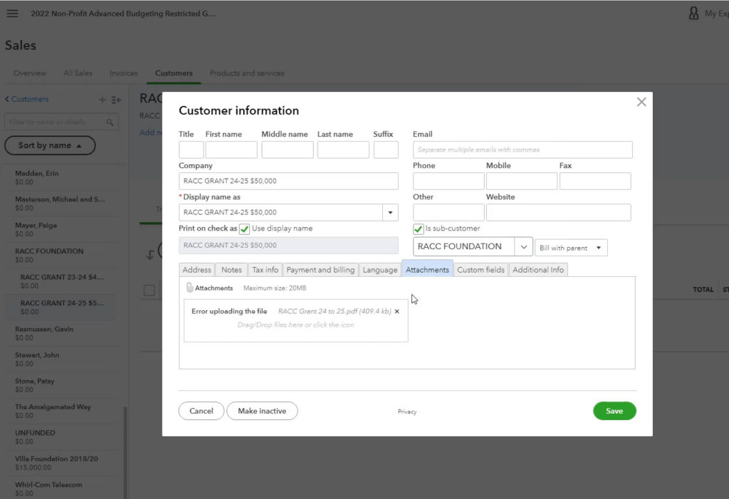 Picture showing how you can save your grants as attachment in QuickBooks
