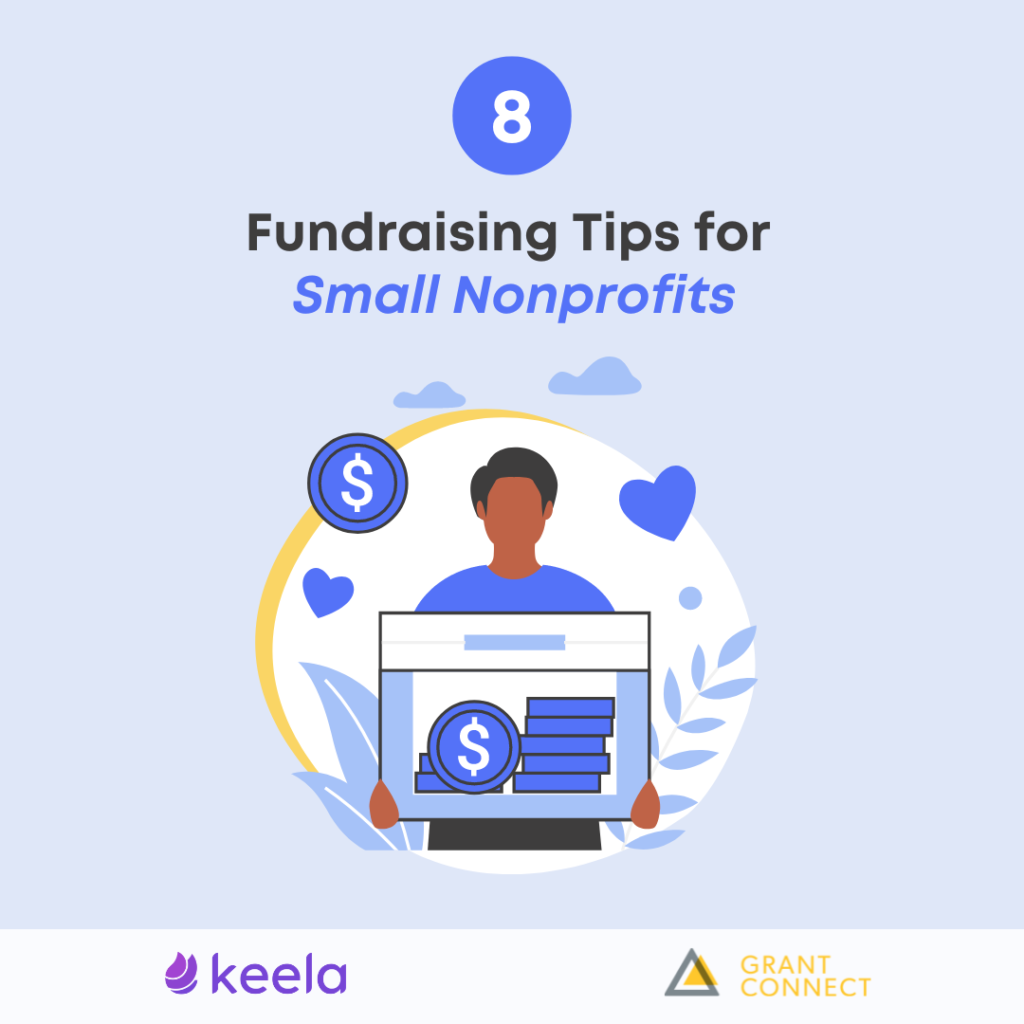 this is a light blue banner advertising the Guide to small shop fundraising tips