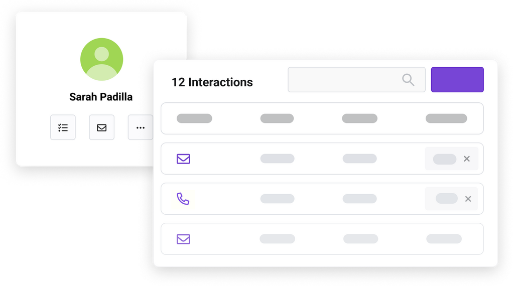Sections of the Keela interface showing a contact and their interaction history