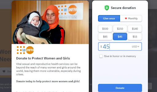 A woman holding a child in a picture beside UNFPA donation form. 