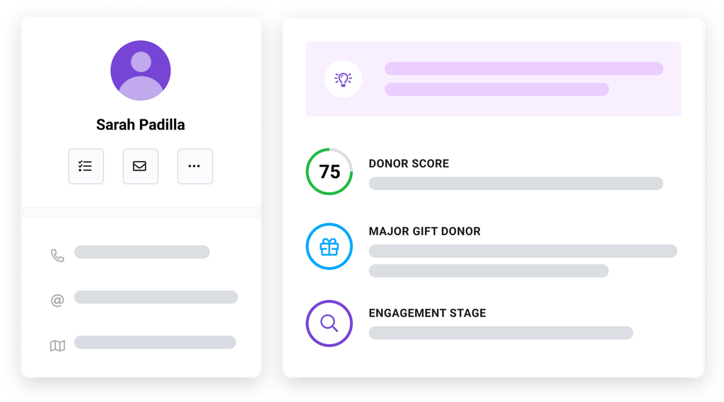A contact profile with contact insights including donor score, major gift donor, and engagement state