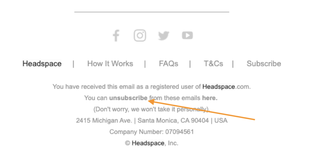 Example email footer with an unsubscribe button.