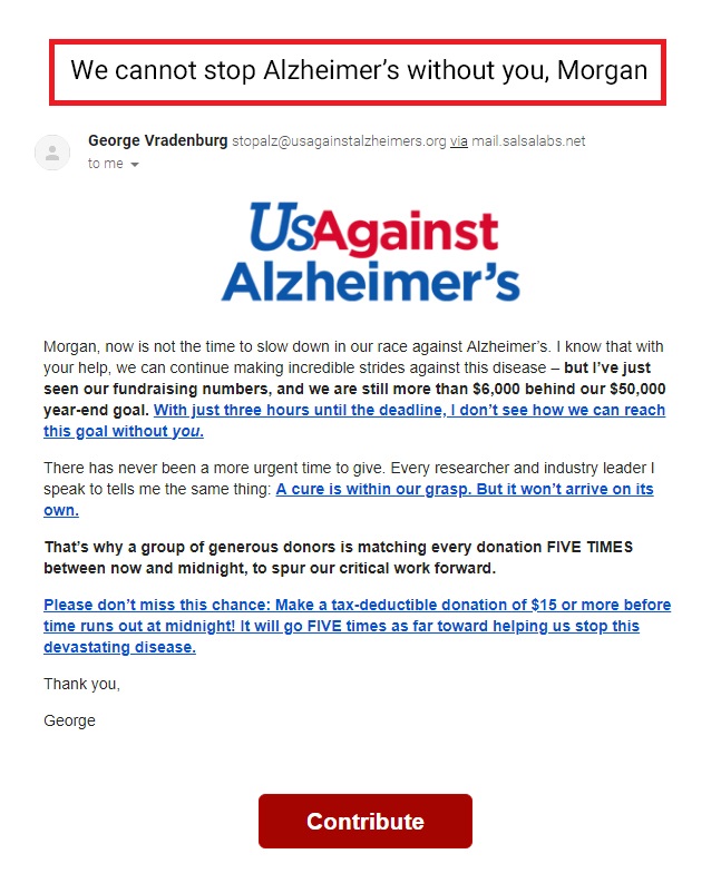 Us Against Alzheimer's email with the subject line- "We cannot stop Alzheimer's without you, Morgan".
