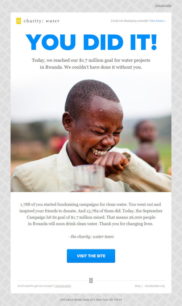 Sample email from Charity Water sharing its project’s impact with donors.