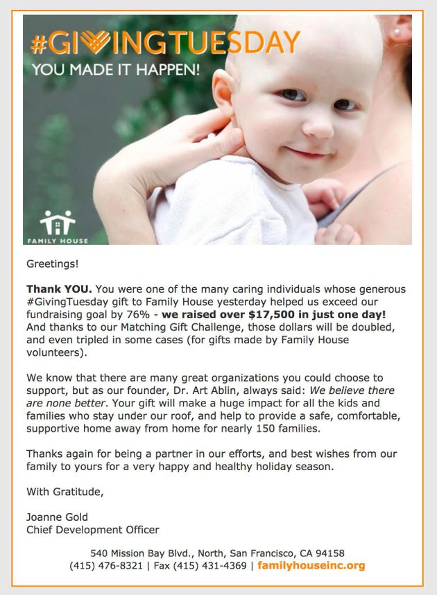 Giving Tuesday Email Sample by Family House