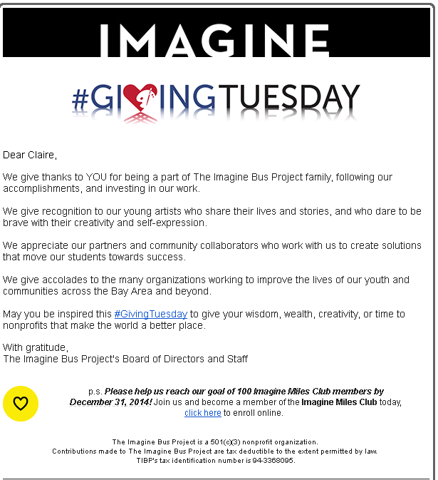 Giving Tuesday Email Sample by Imagine Bus Project