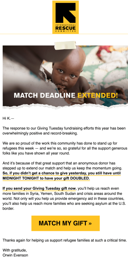 Giving Tuesday Email Sample by International Rescue Committee