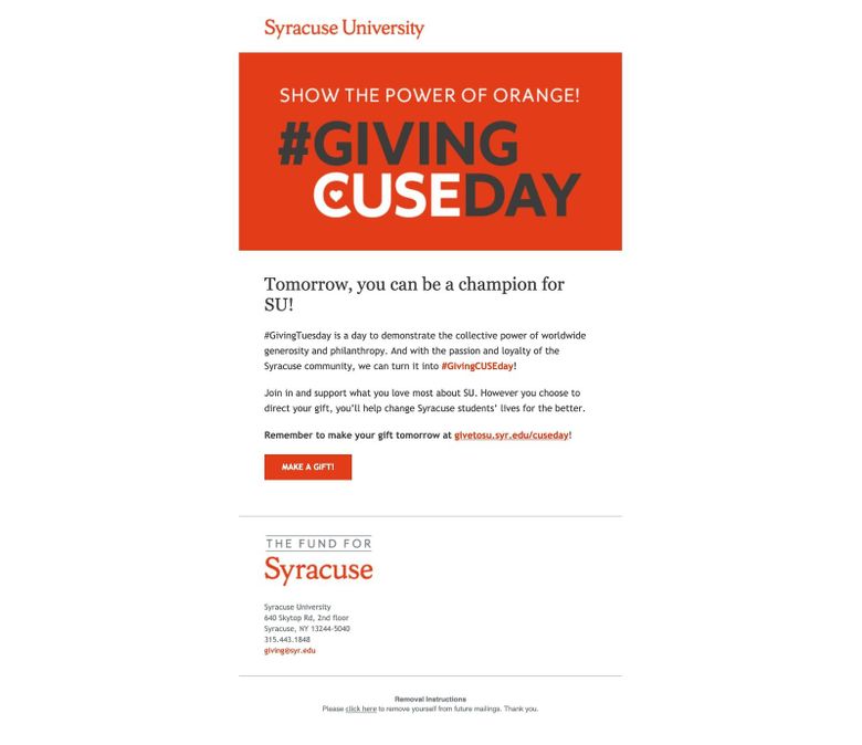 Giving Tuesday Email Sample by Syracuse University